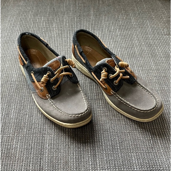 Sperry | Tan Leather Denim Fabric & Gray Suede Boat Shoe - Picture 2 of 9